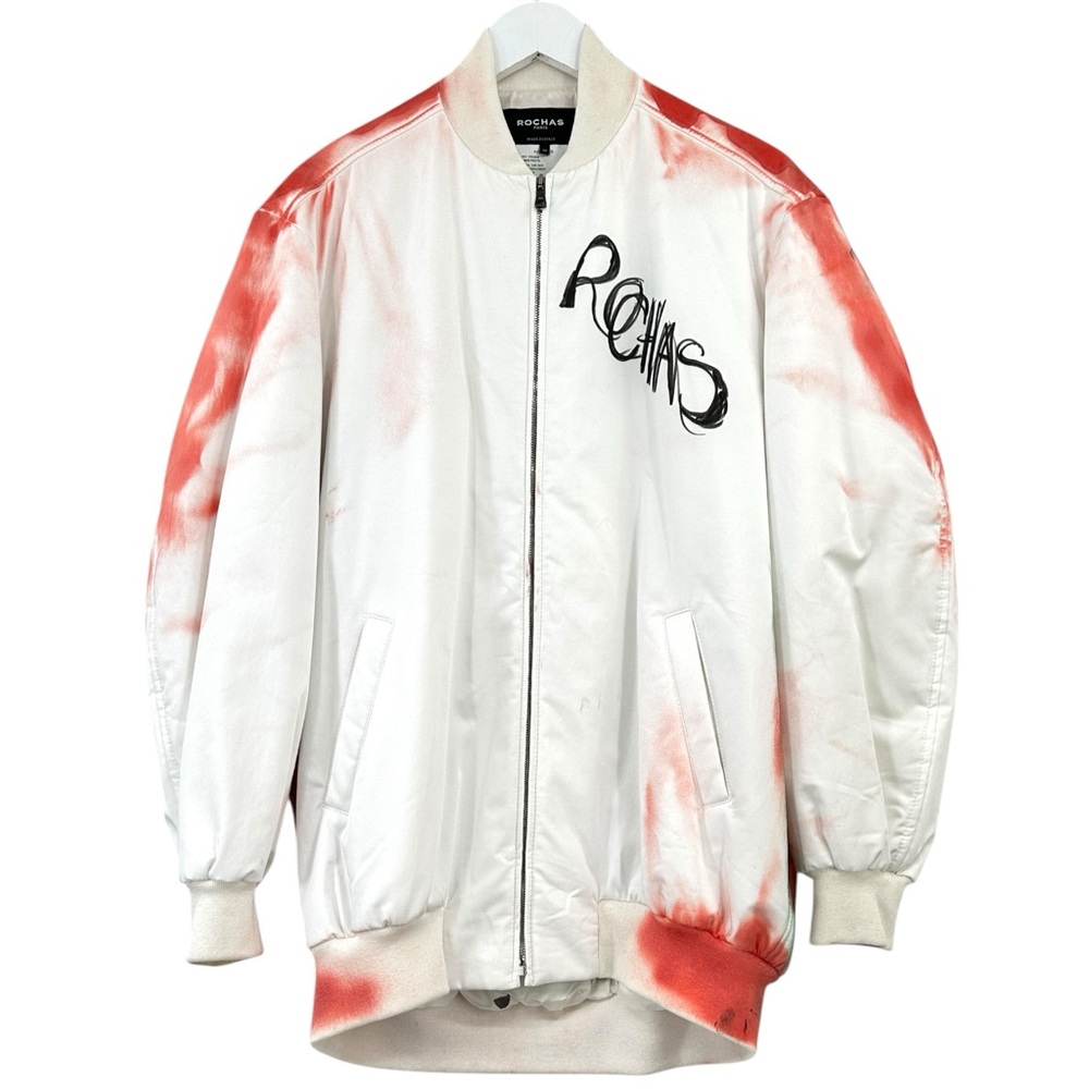 ROCHAS 1 of 1 2022 White Graffiti Hand Painted Oversized Bomber Jacket Coat s 40
